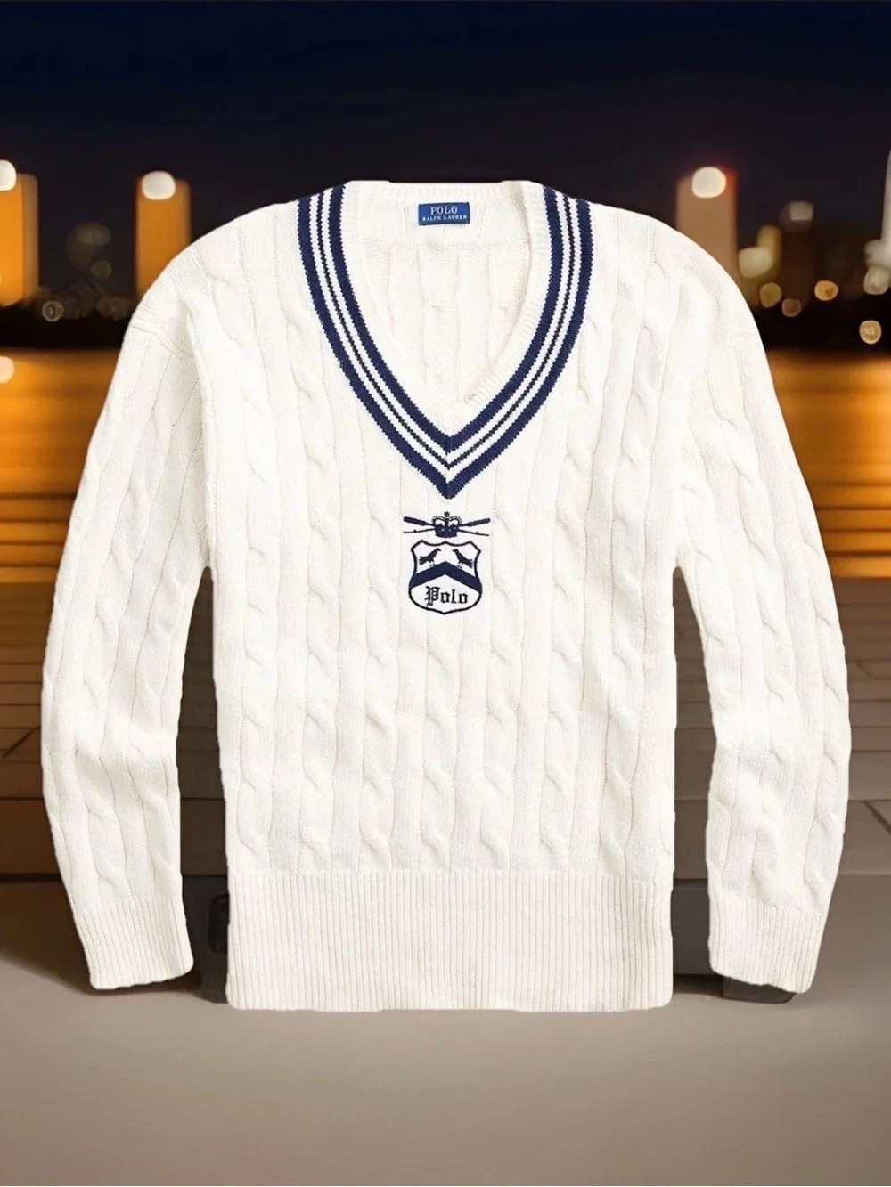 Polo by Ralph Lauren White Cable-Knit V-Neck Sweater with Navy Trim